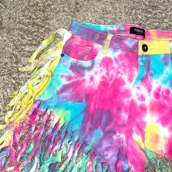 Rainbow Neon Tie Die Fringe Shorts Sz XL - Picture 6 of 10